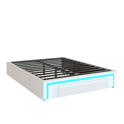 Bettgestell 140X200 mit Schubladen, PU-Leder Bett ohne Kopfteil Mit LED-Lichtleiste, MetalllattenPlattformbett für moderne Schlafzimmer Beige