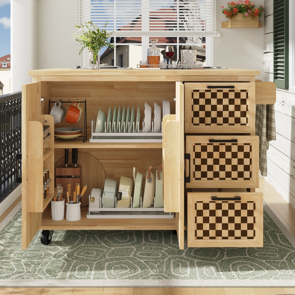 Kücheninsel 120x75cm klappbar Servicewagen mit Rollen, Buffetschrank Natur Holzoptik, Schachbrettmuster, 3 Schubladen & Handtuchhalter