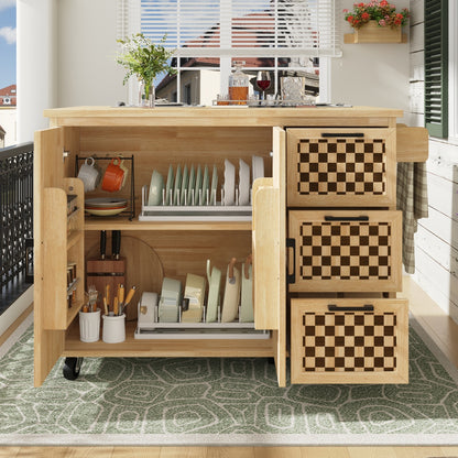 Kücheninsel 120x75cm klappbar Servicewagen mit Rollen, Buffetschrank Natur Holzoptik, Schachbrettmuster, 3 Schubladen & Handtuchhalter