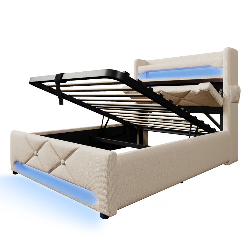 Polsterbett Einzelbett 90*200, Stauraum Kopfteil mit USB und Typ C-Port ,360-Surround-LED-Funktion rund um Kopf- und Fußende des, Betten mit Hydraulisch Stauraum, Beige , Leinen(Ohne Matratze)