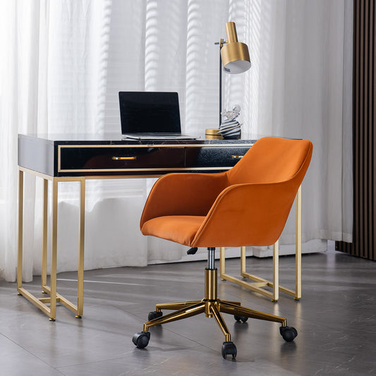 Neuer höhenverstellbarer Drehstuhl aus Samtstoff für das Büro im Innenbereich mit goldenen Beinen,Orange