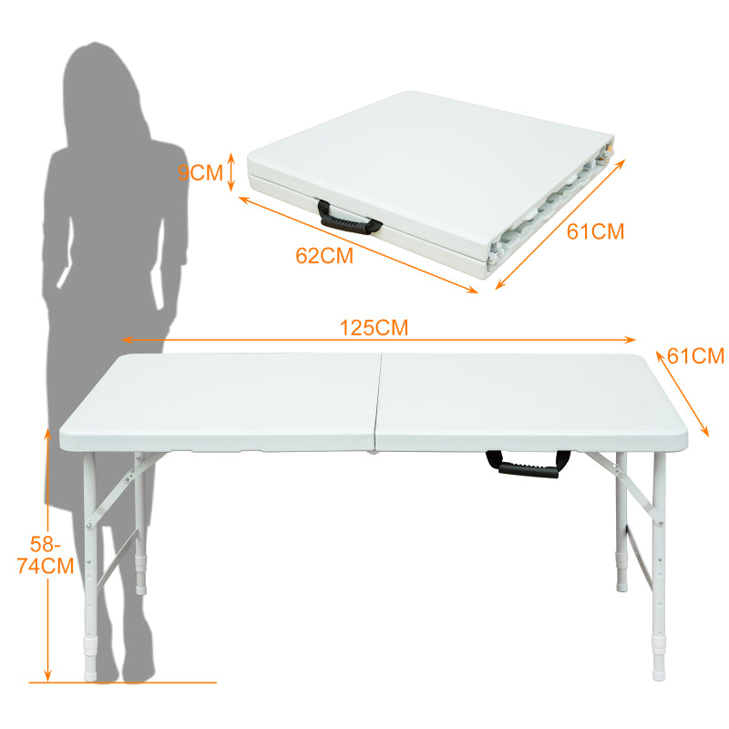 125cm Portable Heavy Duty Folding Table with Handle, Adjustable Height Foldable Table, Multi-Functional Fold up Table for Camping Picnic Parties Indoor/Outdoor, Capacity Weight 135KG (White)