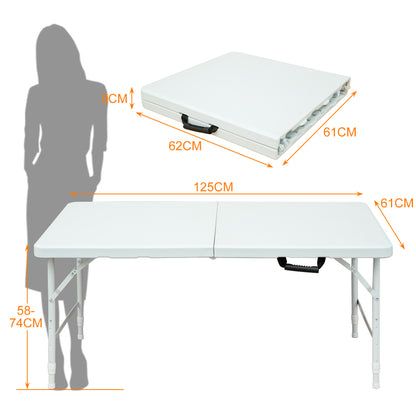 125cm Portable Heavy Duty Folding Table with Handle, Adjustable Height Foldable Table, Multi-Functional Fold up Table for Camping Picnic Parties Indoor/Outdoor, Capacity Weight 135KG (White)
