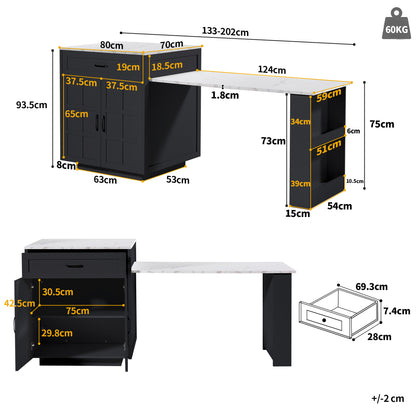 Bartisch ausziehbar 133-202cm, Kücheninsel mit Marmor-Optik & Stauraum, Esstisch für 2-6 Personen, Küchenwagen mit Schubladen & Regalen, Schwarz
