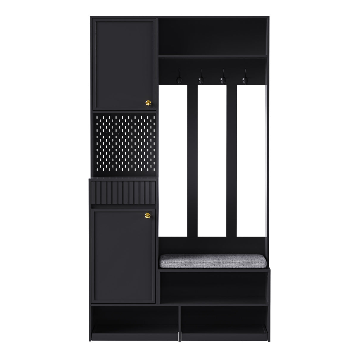 Garderobenset mit Sitzbank, Pegboard, 4 Haken, 2 Schubladen & Schrank, MDF, Schwarz, 100×35×180 cm