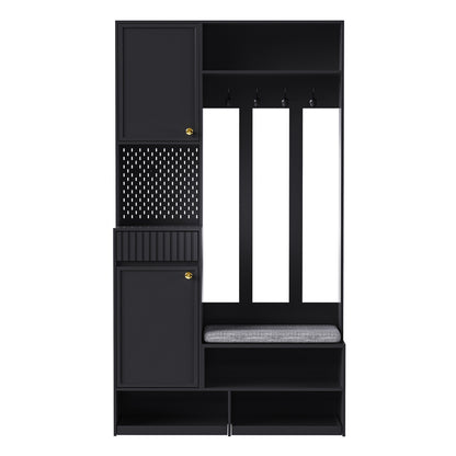 Garderobenset mit Sitzbank, Pegboard, 4 Haken, 2 Schubladen & Schrank, MDF, Schwarz, 100×35×180 cm