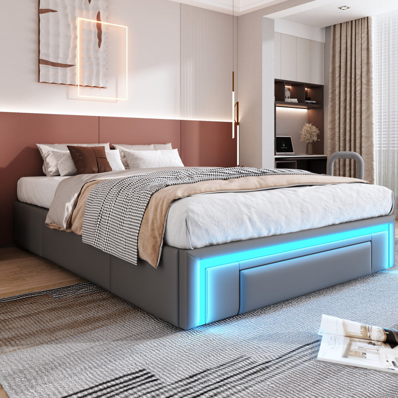 Bettgestell 140X200 mit Schubladen, PU-Leder Bett ohne Kopfteil Mit LED-Lichtleiste, MetalllattenPlattformbett für moderne Schlafzimmer Grau