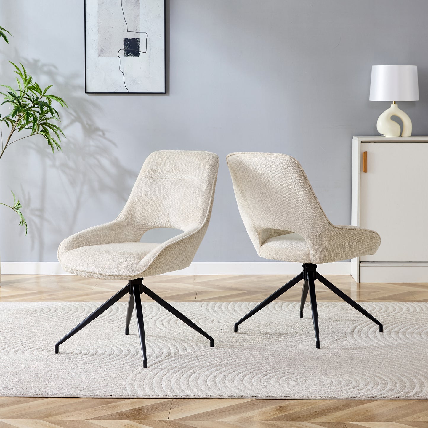 2er-Set Esszimmerstühle Weiß Stoff 360 Grad Drehbar Schwarz Lackiertes Metallgestell Atmungsaktiver Strukturstoff Moderne Polsterstühle