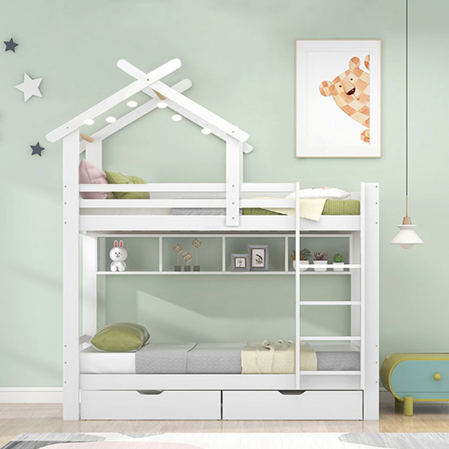 Etagenbett mit Schubladen und Regalen, Hausbett mit dreistufige rechtwinklige Leiter, Kinderbett mit Fallschutz und Gitter, Rahmen aus Kieferholz, Weiß (90x200cm)