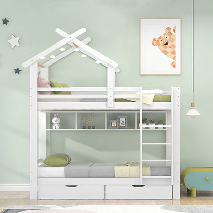 Etagenbett mit Schubladen und Regalen, Hausbett mit dreistufige rechtwinklige Leiter, Kinderbett mit Fallschutz und Gitter, Rahmen aus Kieferholz, Weiß (90x200cm)