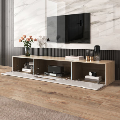 TV-Schrank, Hochglanz-TV-Schrank, farblich passend zu Hochglanz-Weiß und Holzfarbe, mit farbwechselndem LED-Licht.
