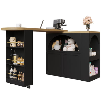 Ausziehbarer Bartisch 135-205cm mit LED & USB, Mobiler Hochtisch Schwarz, Teleskop-Kücheninsel mit Stauraum & Soft-Close, Modernes Bogendesign