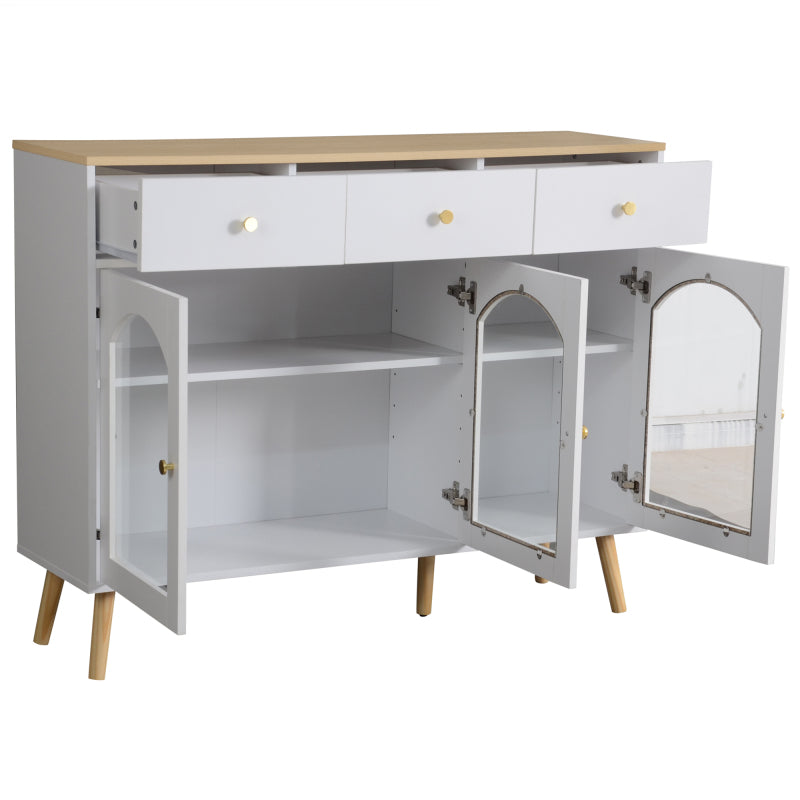 Sideboard mit 3 Schubladen und 3 gebogenen Türen mit breitem Schrank aus gehärtetem Glas für Buffettische in Küchen und Esszimmern, weiß und natur