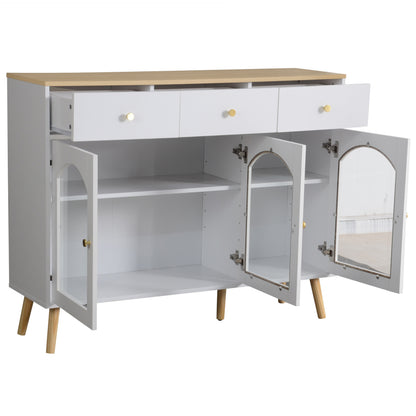 Sideboard mit 3 Schubladen und 3 gebogenen Türen mit breitem Schrank aus gehärtetem Glas für Buffettische in Küchen und Esszimmern, weiß und natur