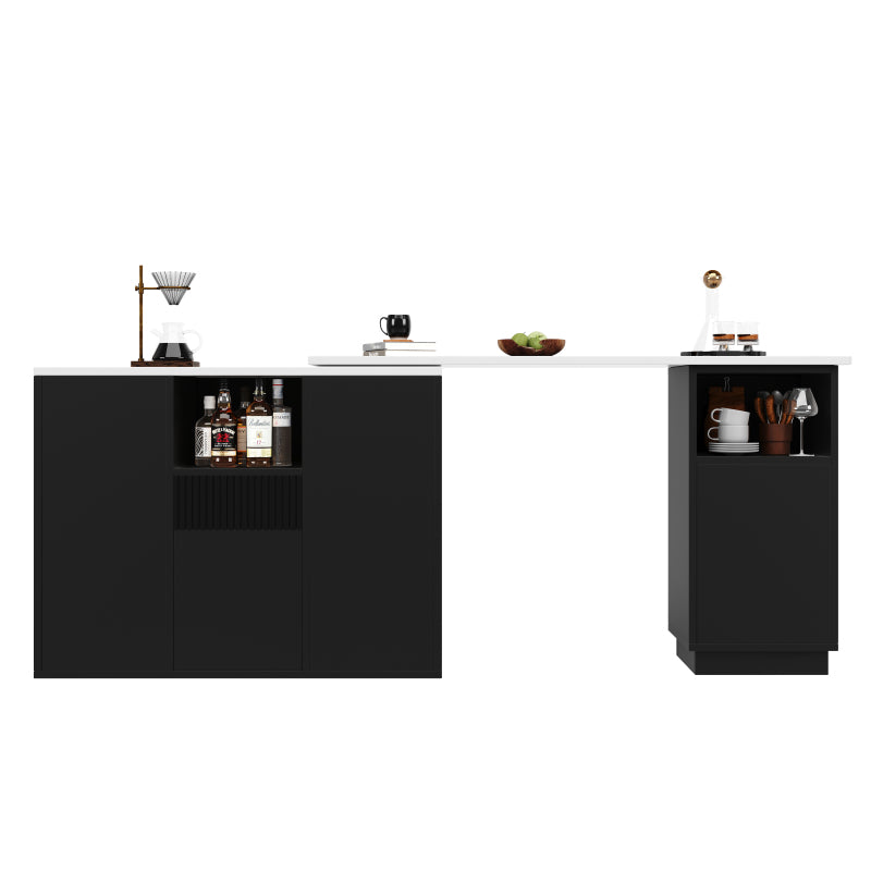 Um 360° drehbarer Bartisch (Hauptkörper 198,5 x 30 x 75 cm), modernes und schlichtes schwarzes Design, mit offenem Stauraum und Marmor-Arbeitsplatte, multifunktionale Aufbewahrungsinsel, geeignet für
