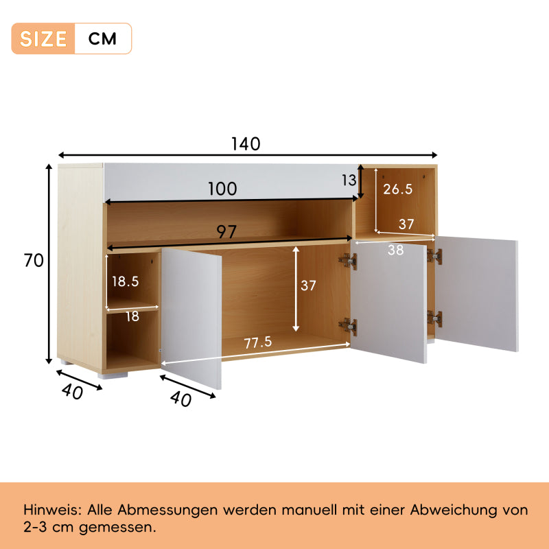 LED Sideboard Breite 140cm, Multifunktionales Sideboard,Kommode, Highboard , Luxuriöses Sideboard für Wohnzimmer, Eckschrank für Flur, Schrank für Schlafzimmer, Weiß und Eiche