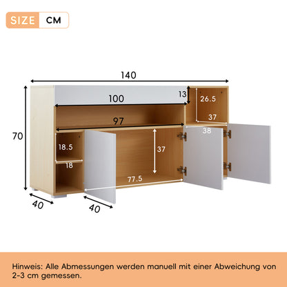 LED Sideboard Breite 140cm, Multifunktionales Sideboard,Kommode, Highboard , Luxuriöses Sideboard für Wohnzimmer, Eckschrank für Flur, Schrank für Schlafzimmer, Weiß und Eiche