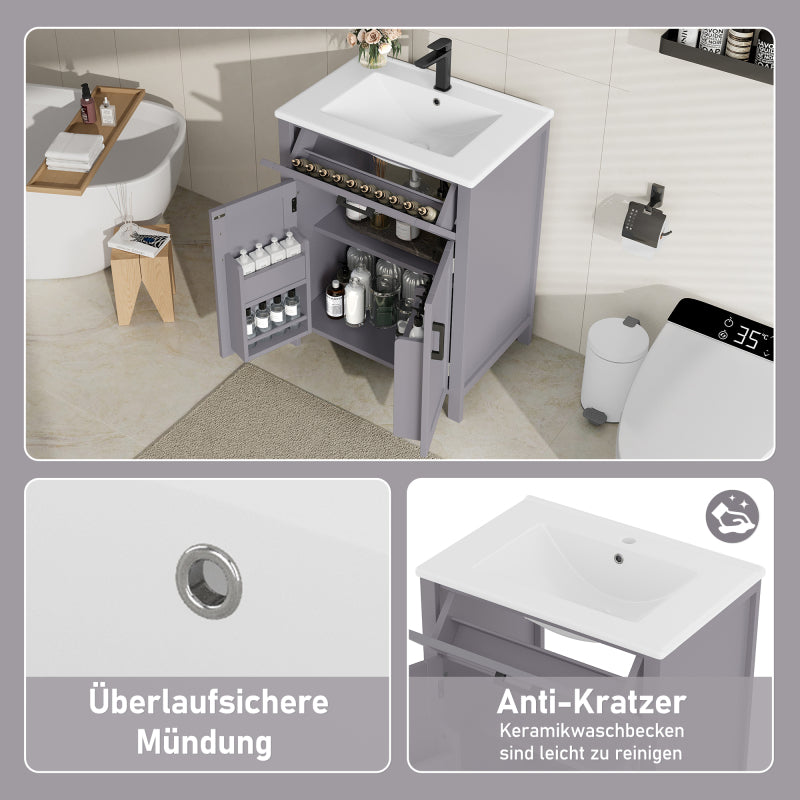 Bodenstehender Badezimmerschrank mit Waschbecken,Waschtisch,Volllackierung, integriertes Keramik Waschbecken,Grau