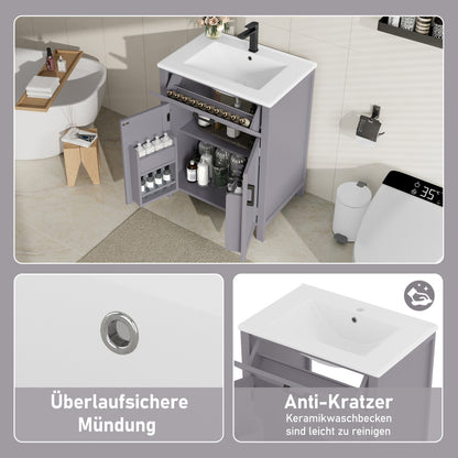 Bodenstehender Badezimmerschrank mit Waschbecken,Waschtisch,Volllackierung, integriertes Keramik Waschbecken,Grau