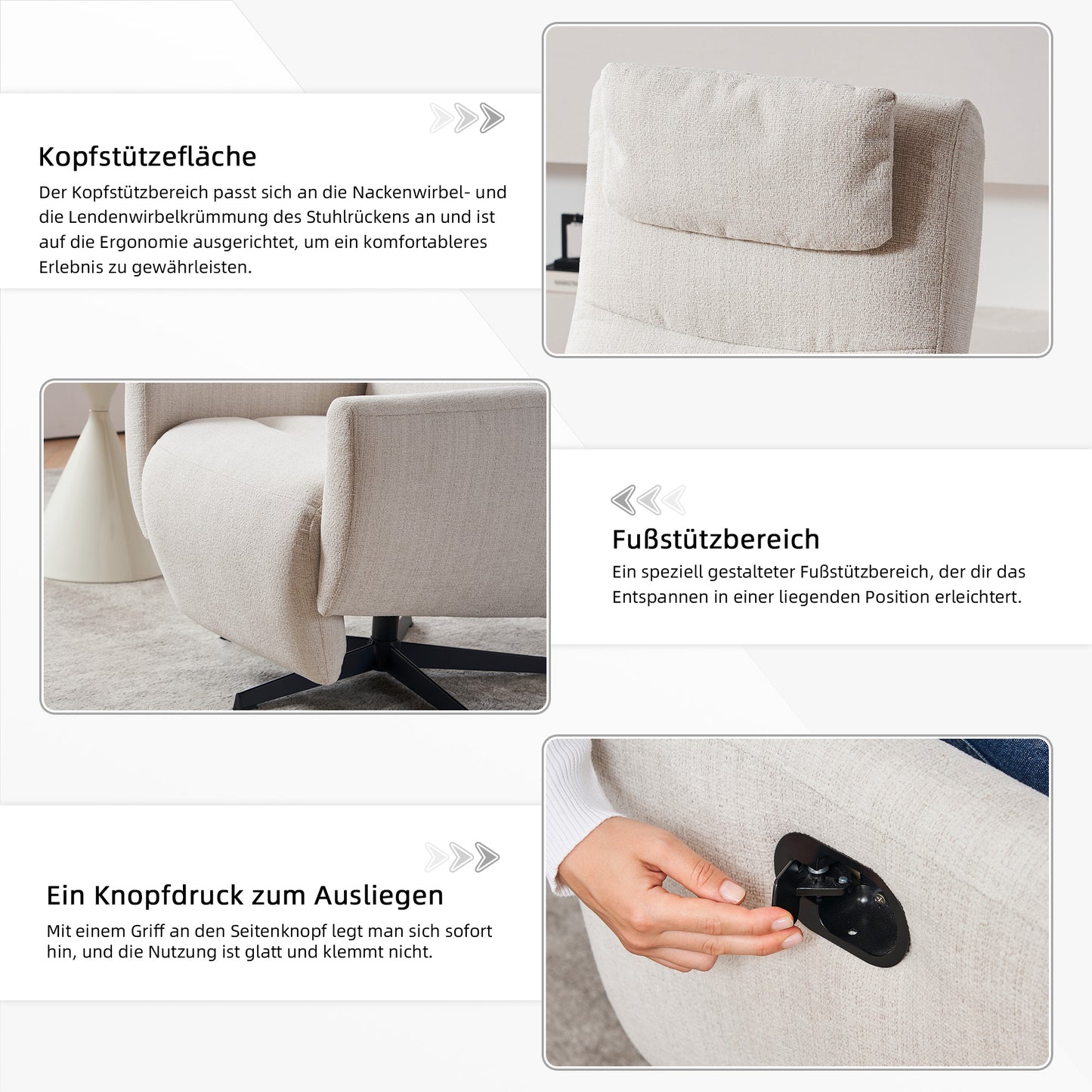 Bequemer Relaxsessel mit Liegefunktion – Chenille Fernsehsessel mit Fußstütze, drehbarer Stillsessel & Loungesessel für Wohnzimmer, modernes Sofa, Beige