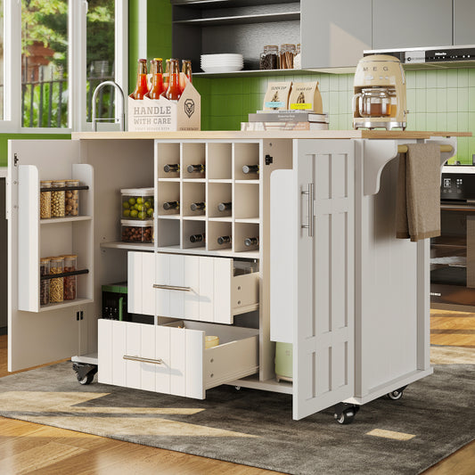 Kücheninsel mit herausnehmbaren Trennwänden, Esszimmerwagen mit Arbeitsplatte, Buffetschrank, Esszimmerwagen mit Holzmaserung, seitlicher Handtuchhalter, mit Weinregal, mit Rollen, weiß