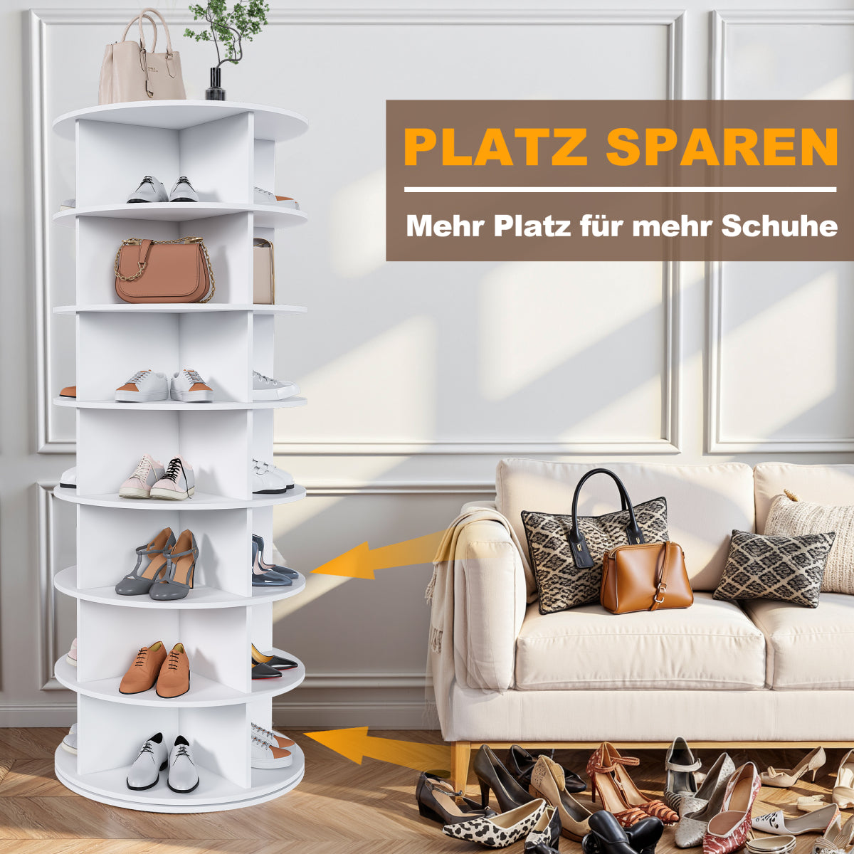 Drehbares Schuhregal 7 Etagen, 360°, Platzsparend, 28 Paar, Weiß, 161 cm