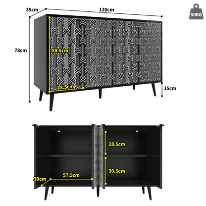 Esszimmerschrank (120×35×78cm), Esszimmer- und Wohnzimmer-Aufbewahrungsschrank, einzigartiges Schranktürdesign, freistehender Schrank, Antidumping, Fischgrätenmuster, geschnitzte Tür, schwarz