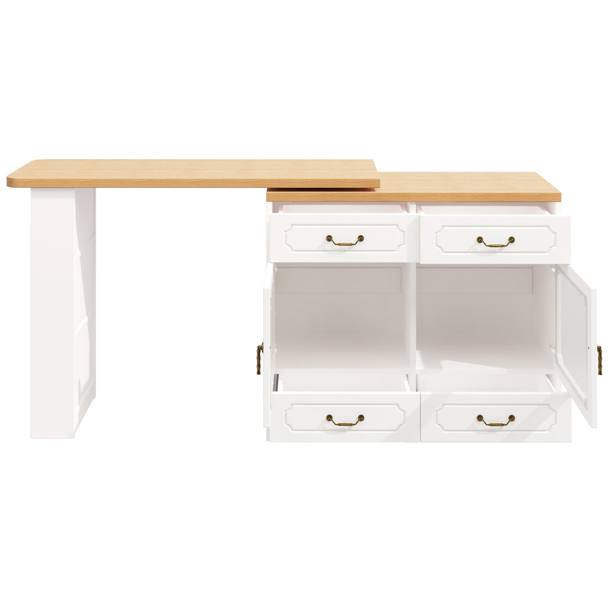 Bartisch ausziehbar 135-203cm, 360° drehbarer Stehtisch mit App-LED-Steuerung & Musik-Modus, Weißer Hochtisch mit 4 Schubladen & Regal