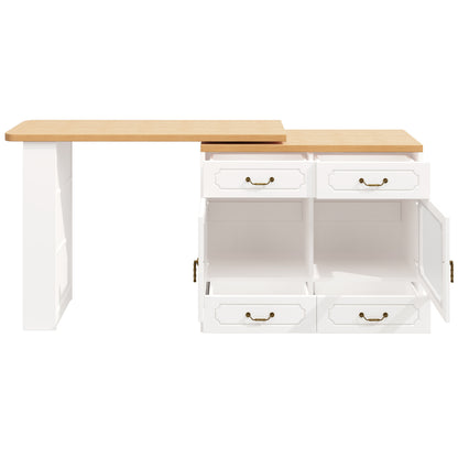 Bartisch ausziehbar 135-203cm, 360° drehbarer Stehtisch mit App-LED-Steuerung & Musik-Modus, Weißer Hochtisch mit 4 Schubladen & Regal