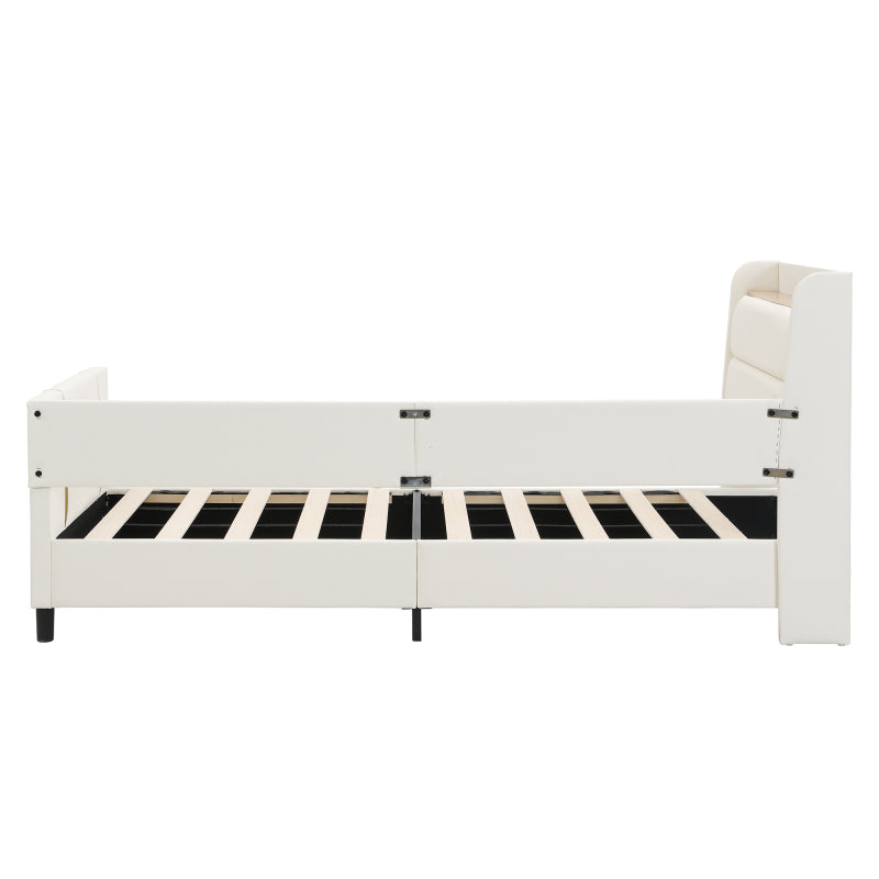 Kinder-Spleißbett, Polsterbett, Tagesbett, Schlafsofa mit Metallbettgestell, Kindernachttisch mit unterer Klapptür, 3 kleine Aufbewahrungstaschen, PU+MDF+Sperrholz, Weiß, 90x200cm