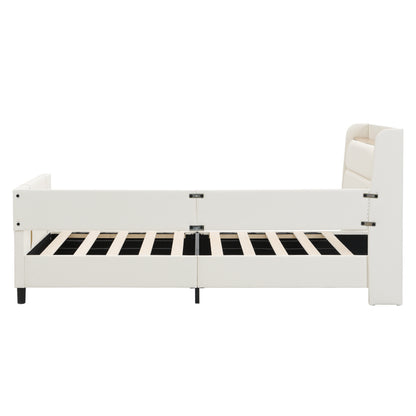 Kinder-Spleißbett, Polsterbett, Tagesbett, Schlafsofa mit Metallbettgestell, Kindernachttisch mit unterer Klapptür, 3 kleine Aufbewahrungstaschen, PU+MDF+Sperrholz, Weiß, 90x200cm