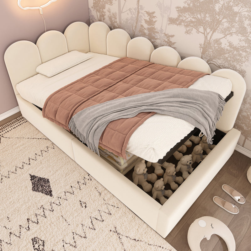 Polsterbett Daybett 90x190 cm,Tagesbett Schlafsofa mit hydraulischem Stauraum, Kinderbett mit Metall-Lattenrost, Samt, Beige, ohne Matratze