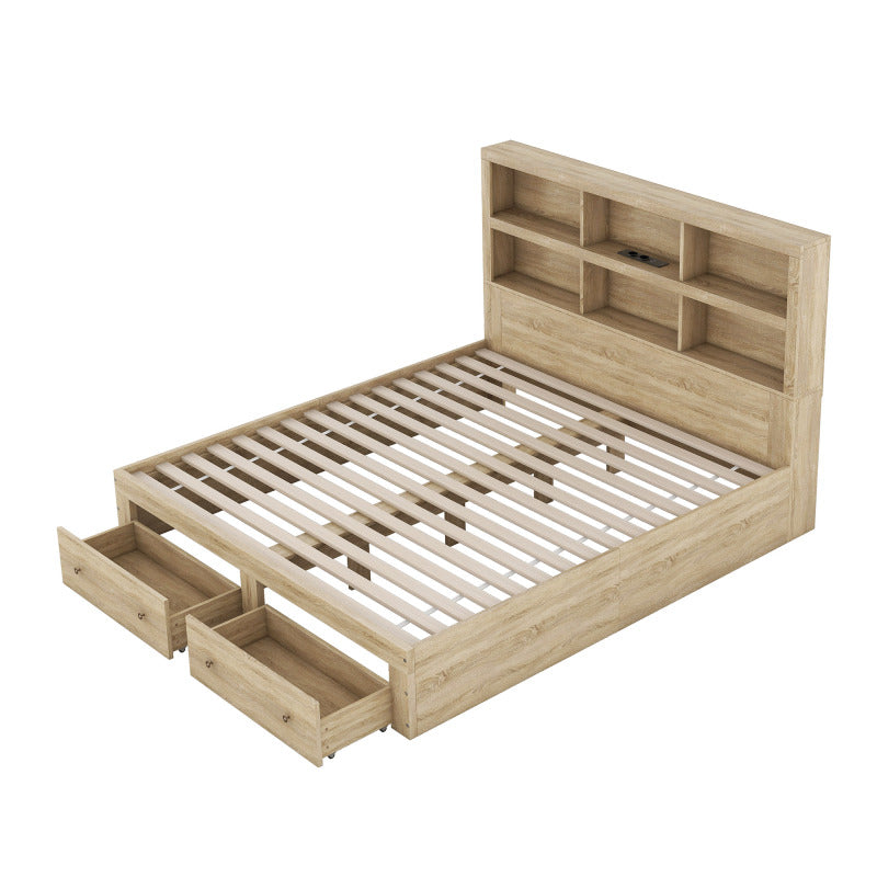 160*200 cm Doppelbett, Kingsize-Plattformbett mit zwei Schubladen am Fußende des Bettes, Kopfteil mit Stauraum, Natur