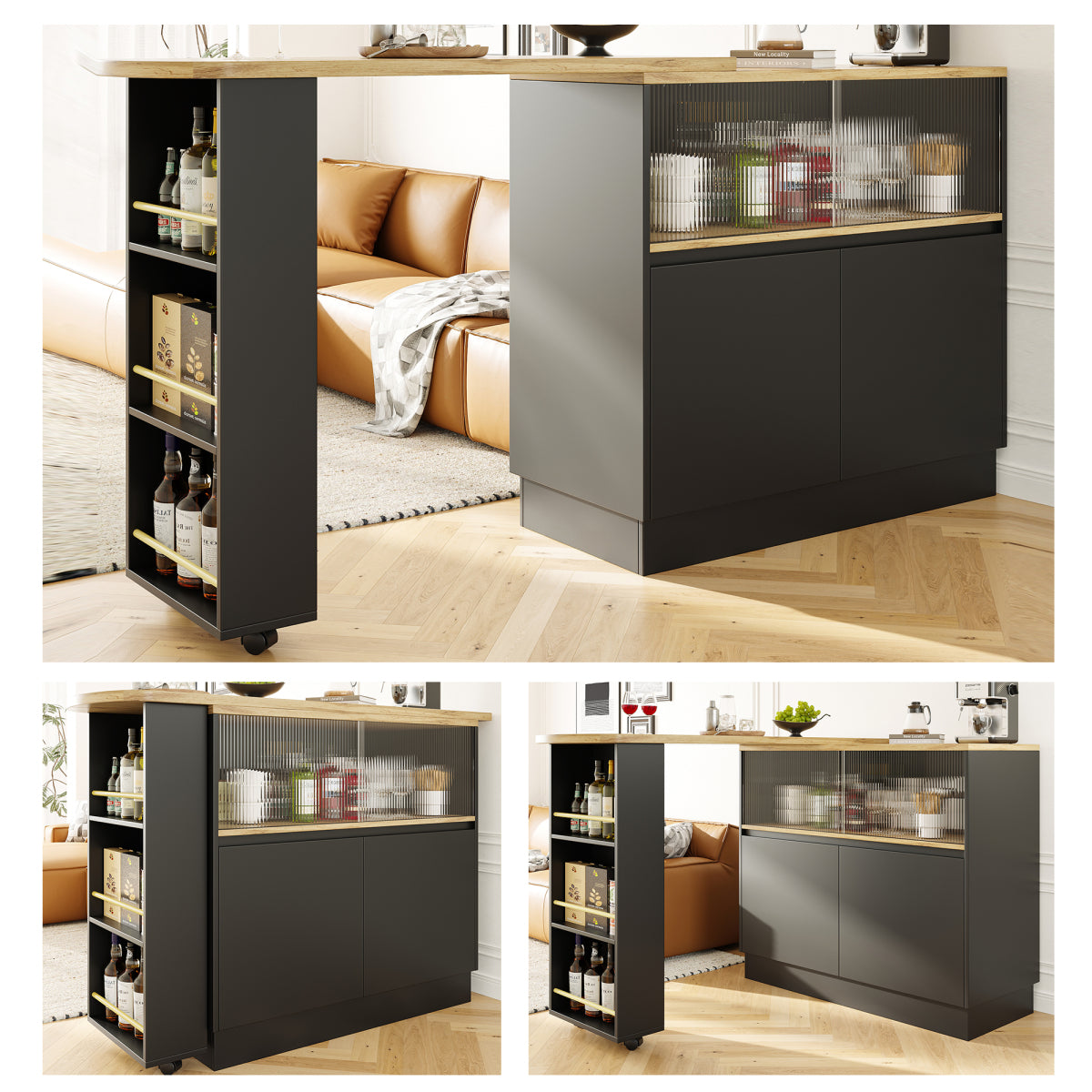 Kücheninsel mit 360° Rotation, Barschrank mit Glasschiebetür & Stauraum, Weiß & Holzoptik, multifunktionaler Küchentisch & Sideboard