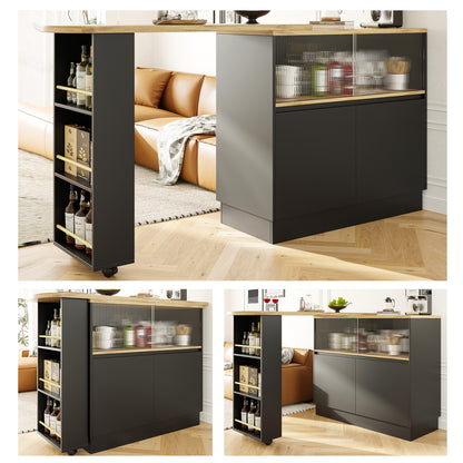 Kücheninsel mit 360° Rotation, Barschrank mit Glasschiebetür & Stauraum, Weiß & Holzoptik, multifunktionaler Küchentisch & Sideboard
