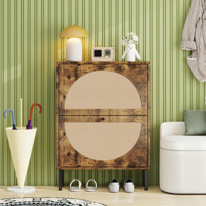 Schuhschrank mit zwei Türen, austauschbaren halbrunden Türfronten und Rattan-Oberfläche, geeignet für den Eingangsbereich und andere Szenen, Vintage-Braun