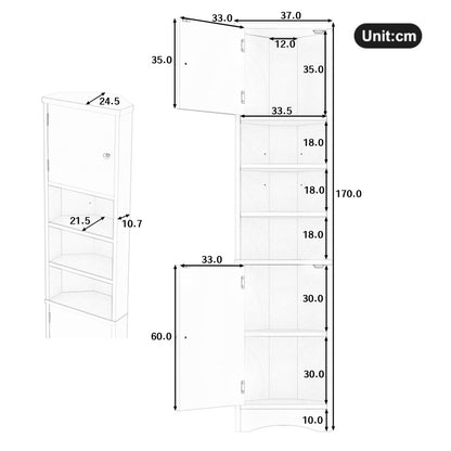 36.5 x 24.5 x 170cmDreieckiger Badezimmerschrank, feuchtigkeitsbeständiger Lack, drei offene Ablagefächer, Doppeltüren, verstellbare Einlegeböden, platzsparend, weiß