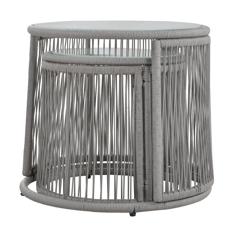 Gartenlounge-Set, Gartenmöbel-Set, Mit Eisenrahmen und grauem Seil, Gartenmöbel aus gewebtem Seil für den Außenbereich, Grau, Zwei Sessel, zwei 2-Sitzer-Sofas und zwei Tische (alle Kissen inklusive)