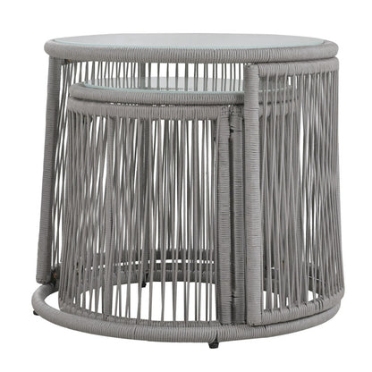 Gartenlounge-Set, Gartenmöbel-Set, Mit Eisenrahmen und grauem Seil, Gartenmöbel aus gewebtem Seil für den Außenbereich, Grau, Zwei Sessel, zwei 2-Sitzer-Sofas und zwei Tische (alle Kissen inklusive)