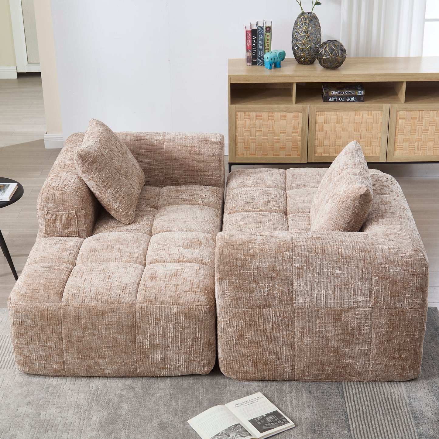 Modernes Sektionssofa, L-Sofa, 3-Sitzer-Sofa, keine Installation erforderlich, Chenille-Sofa mit Chaiselongue und Armlehnen, 3 Kissen, Seitentasche für Fernbedienung, khaki