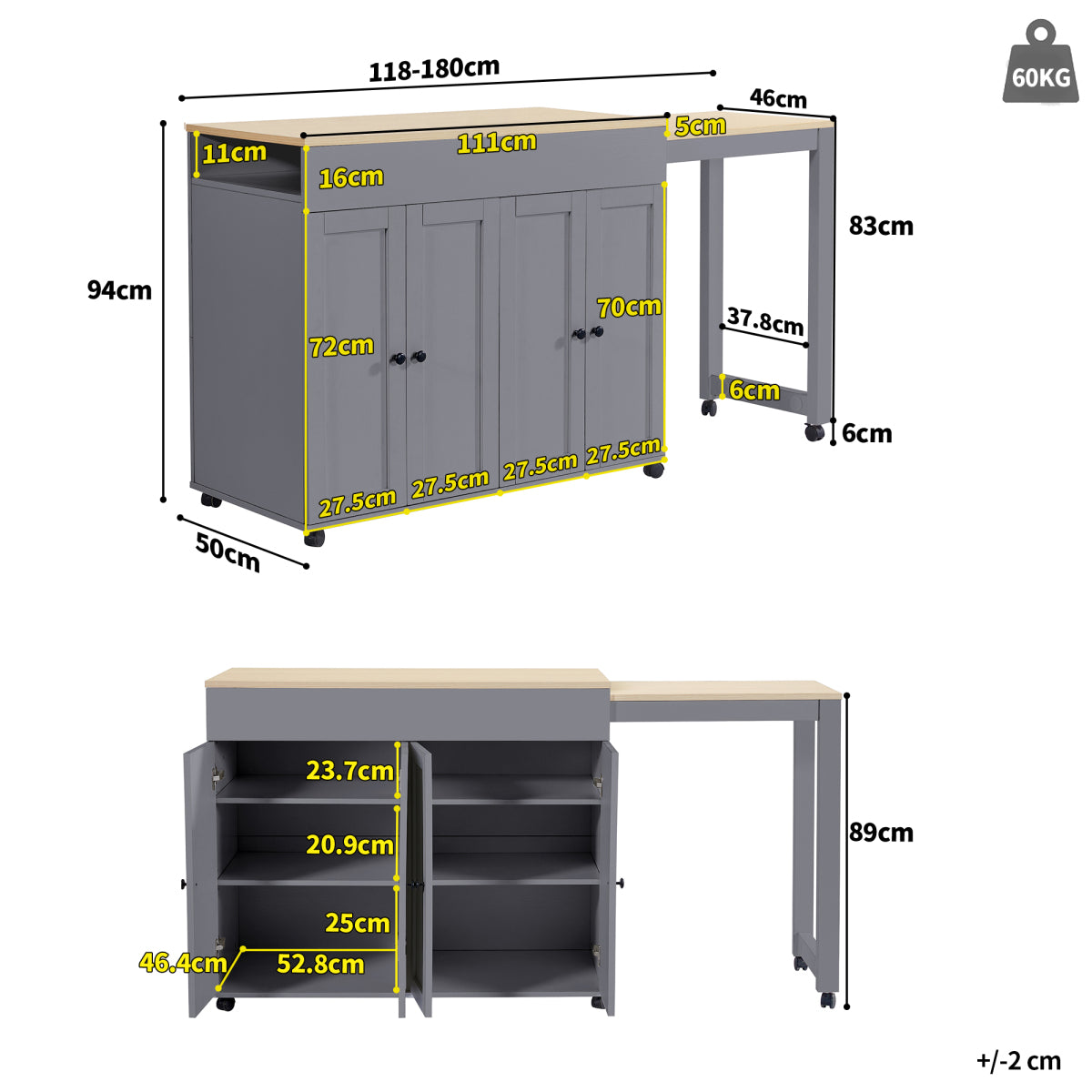 Ausziehbarer Bartisch 118-180cm, Stehtisch mit 6 Ablagefächern, Grau