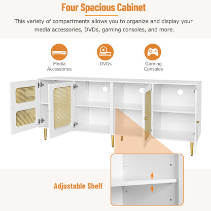 Eleganter Weißer Rattan-TV-Schrank 180x40x72 cm - Mit 4 Rattantüren, Höhenverstellbaren Regalen und Kabelmanagement, Für bis zu 80 Zoll Fernseher,TV-Schränke,Lowboards