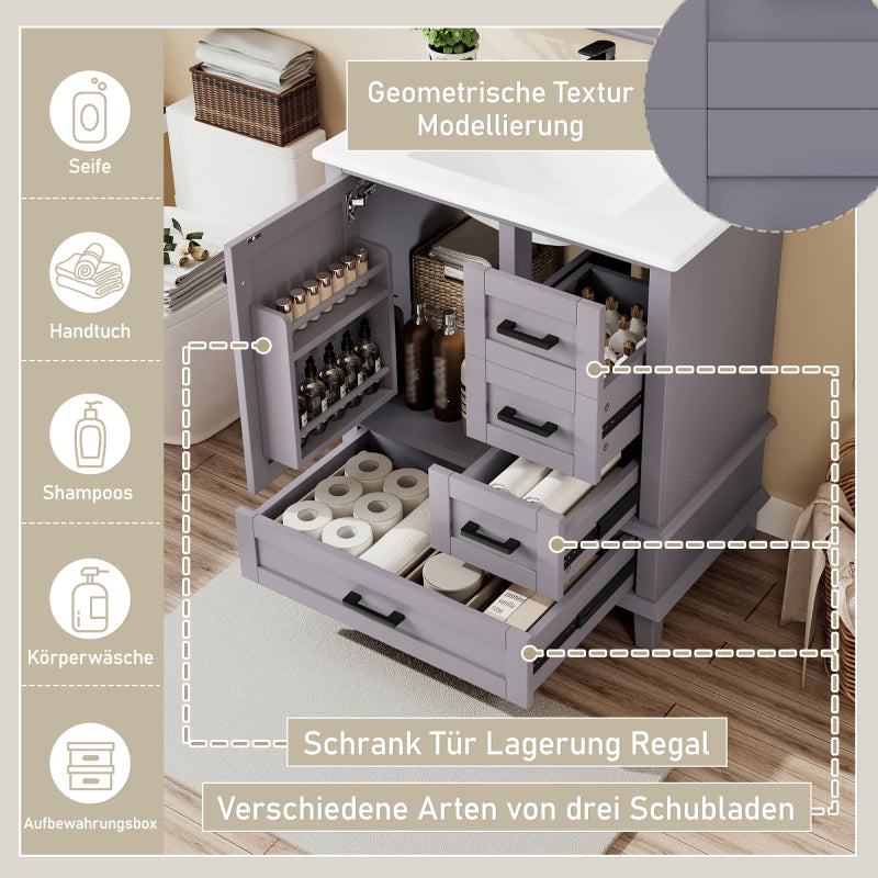 Bodenstehender Badezimmerschrank mit Waschbecken, Waschtisch, komplett lackiert, Türregal, drei geräuschlose Schubladen, integriertes Keramikwaschbecken, Grau