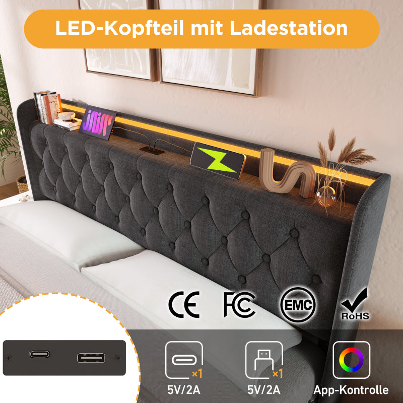 Polsterbett Doppelbett, 360-Surround-LED-Funktion, Drucktaste/App/Fernbedienung,160*200 cm,Grau Leinen-Material Hydraulisches Lagerbett, gepolstertes Kopfteil mit USB Typ-C Ladefunktion(Ohne Matratze)