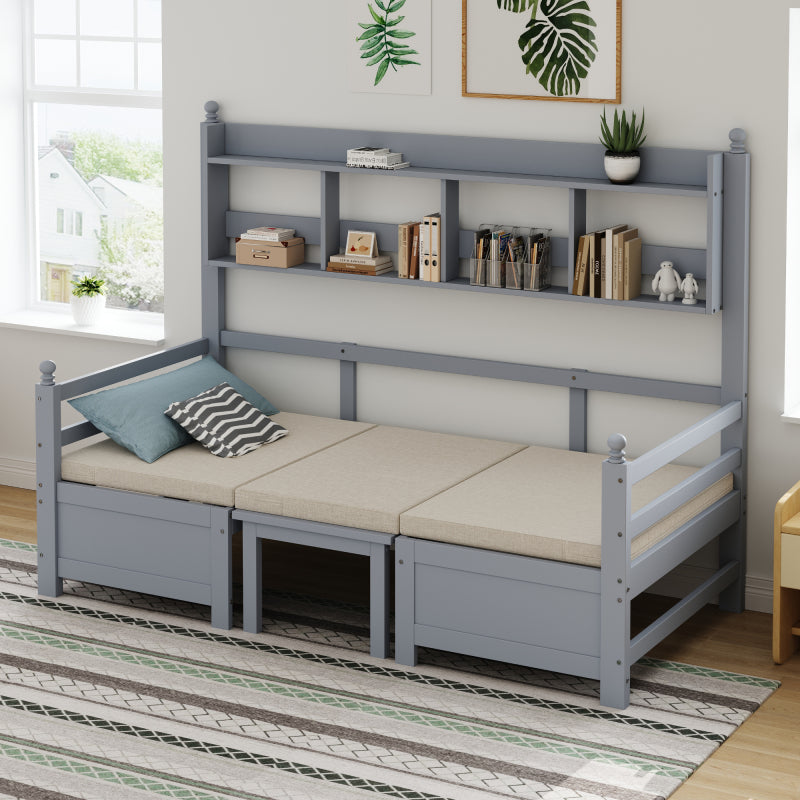 Multifunktionales Massivholz Schlafsofa 200x90 cm, 2-in-1 Bett und Schreibtisch, Frei Umbaubar, Mit Bücherregal Zur Aufbewahrung, Mit Bequemen Kissen, Gästebett Einzelholzbett, Grau