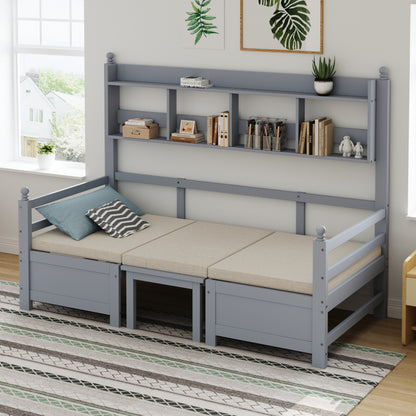 Multifunktionales Massivholz Schlafsofa 200x90 cm, 2-in-1 Bett und Schreibtisch, Frei Umbaubar, Mit Bücherregal Zur Aufbewahrung, Mit Bequemen Kissen, Gästebett Einzelholzbett, Grau