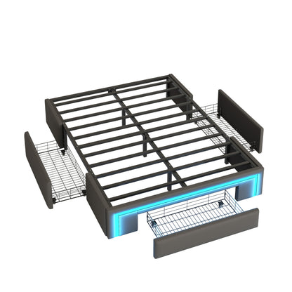 Bettgestell 140X200 mit Schubladen, PU-Leder Bett ohne Kopfteil Mit LED-Lichtleiste, MetalllattenPlattformbett für moderne Schlafzimmer Grau