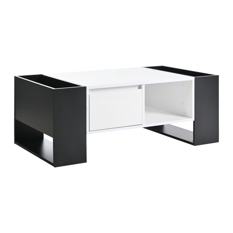 Moderner Couchtisch 105 x 60 x 40,5 cm – Schwarz-Weiß-Design mit hochglänzender Oberfläche, Schublade und 4 offenen Fächern