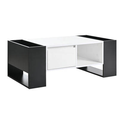 Moderner Couchtisch 105 x 60 x 40,5 cm – Schwarz-Weiß-Design mit hochglänzender Oberfläche, Schublade und 4 offenen Fächern