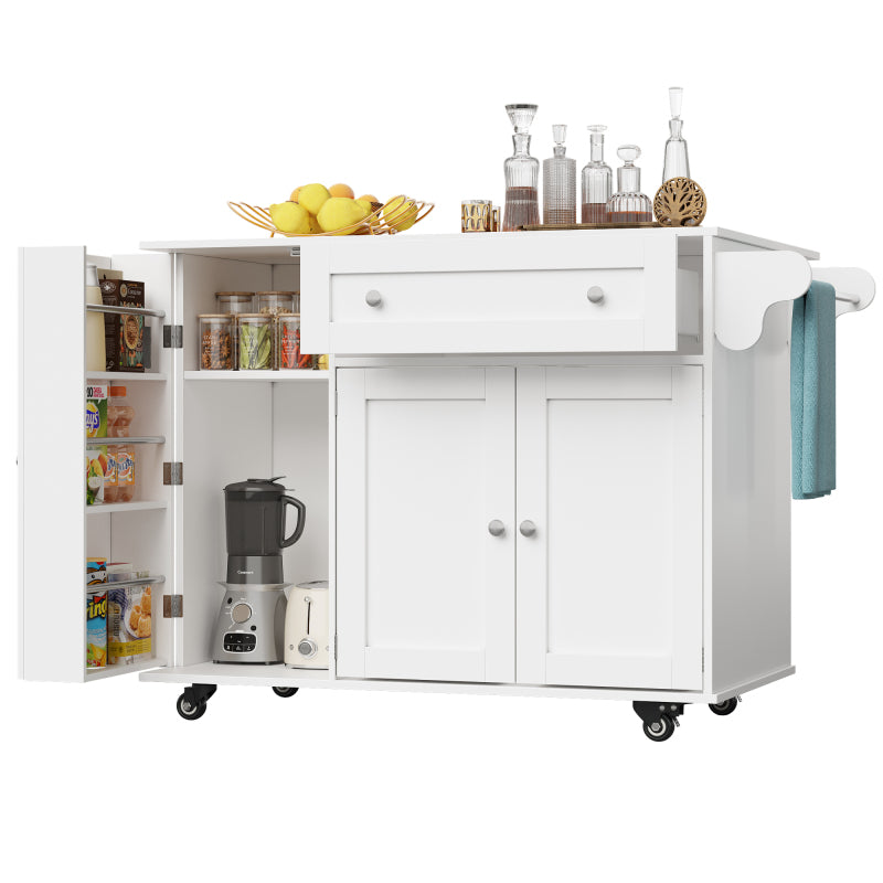Küchenwagen, herausnehmbarer Speisewagen mit klappbarer Tischplatte, Schranktür mit Snack-Regal, verstellbare Trennwände, 1 Schublade, 4 Räder (2 feststellbar), weiß (105,5*40-60*83cm)